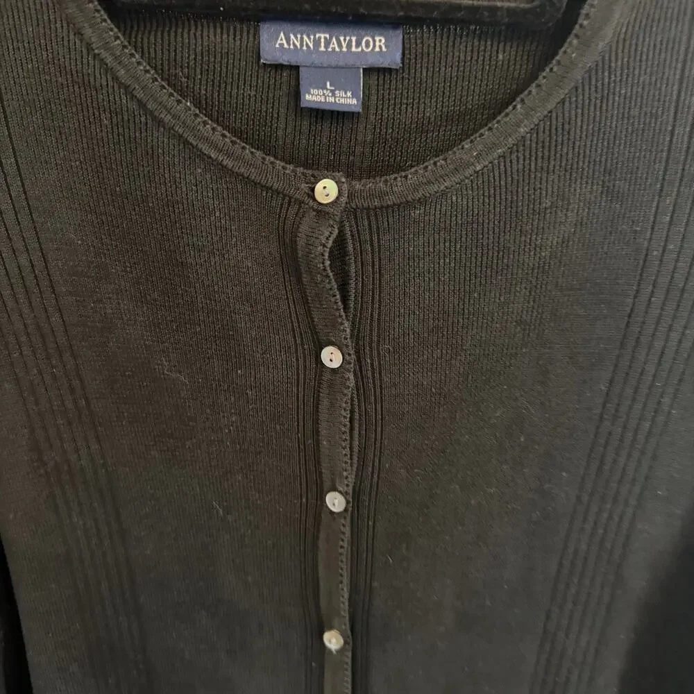 Vintage Ann Taylor 100% Silk Black Cardigan Size Large Button Front Quiet Luxury